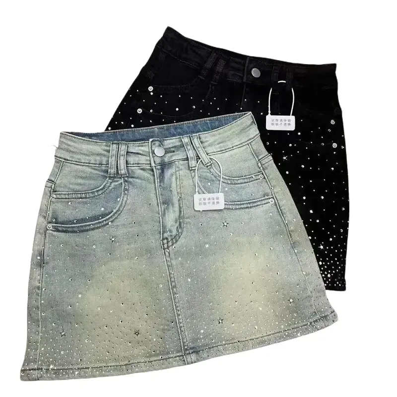 Sparkly Rhinestone Decor Women A‑Line Denim Skirt, Vintage Slim‑Fit Adjustable Waist Sheath Jean Skirt, Trendy Summer Bottoms Matching With Bodysuit For Daily Outfit