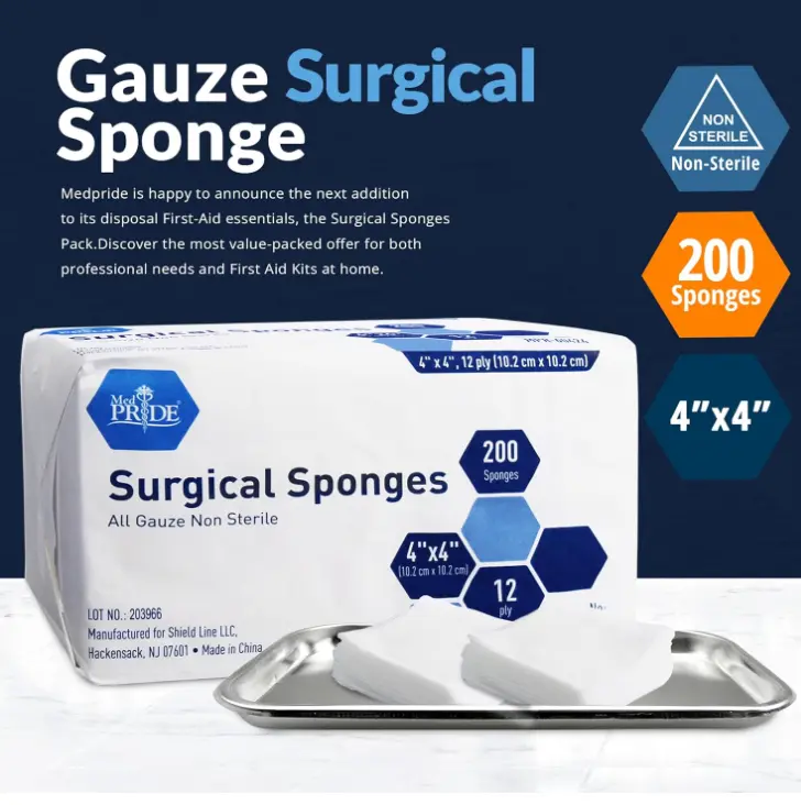 MED PRIDE 4”x 4” Gauze, 200 Surgical Sponges 12-ply Extra Absorbent | All-Gauze, Non-Sterile| Great for Wound Dressing, Prepping, Scrubbing & Cleaning| Essential First-Aid