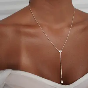 ASCOMY Y Necklace Women 14K Gold/Silver Plated Y Shape Pendant Necklace Cubic Zirconia Long Necklace Pendants Women's Jewelry