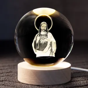 3D Crystal Jesus Night Light, Laser Engraved Sacred Heart of Jesus Globe Lamp with Wooden Base, USB Powered Religious Christian Decor, Perfect Gift for Baptism, Easter, Church, Home