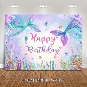 Summervibes 2D Flat Polyester Mermaid Banner, Under The Sea Birthday Backdrop, Blue-Purple Mermaid Tails Photography Background for Female Party Decorations