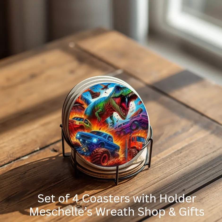 Monster Trucks Round Ceramic Coasters Set of 4 with Metal Holder, Kitchen Tableware for Coffee Drinks