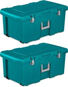 Sterilite 16 Gallon Lockable Storage Tote Footlocker Toolbox Container Box with Wheels, Metal Handles, and Latches, Teal with Gray Clips (2 Pack)