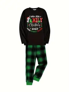 Comfortable fabric couple's pajama set, machine-washable men's trendy casual Christmas pajama set, printed top with green and black checkered pants, adult Christmas pajama, men's and women's same style comfortable home wear