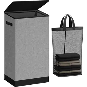 Laundry Hamper with Lid 100L Large & Tall Collapsible Laundry Basket, Clothes Hamper with Bag Removable Easy to Carry, Dirty Hampers for Bedroom, Bathroom, Dorm, College, Grey