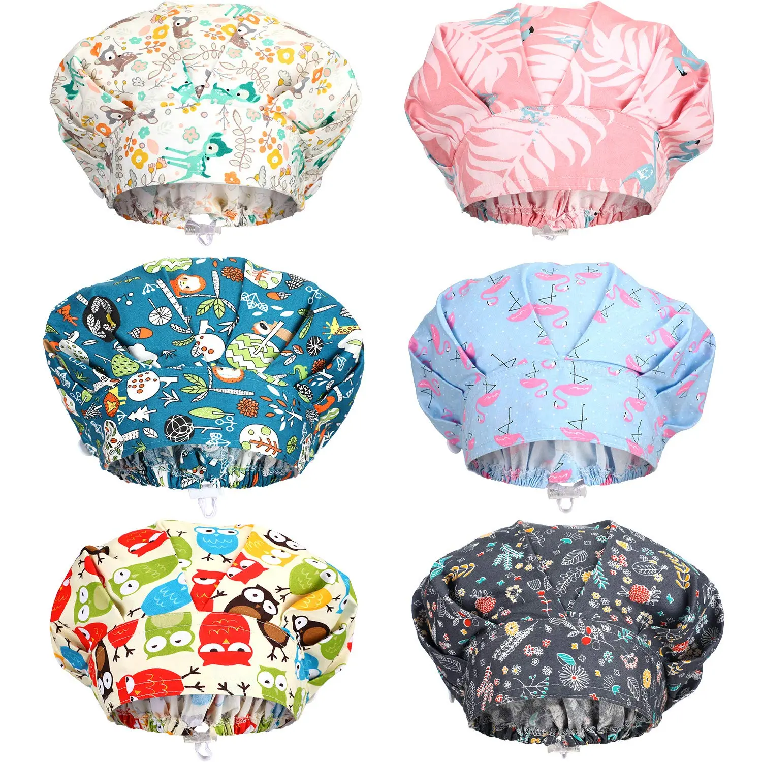 6pcs Cotton Bouffant Caps with Buttons - Elastic, Breathable, Adjustable Surgical Scrub Hats with Novelty Flower/Animal Patterns, Sweatband - For Nurses, Washing Your Face, Kitchen Use, Colorful