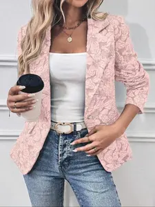 Elegant Women's Aesthetic Textured Floral Woven Blazer Jacket Womenswear, Long Sleeve Single Button Collar, Casual Slim-Fitting Spring & Fall Outerwear