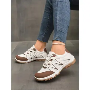 Thick Sole Round Toe Breathable Colorblock Fashion Casual Sports Shoes, PU Leather Upper, Rubber Sole, Spring & Fall Footwear