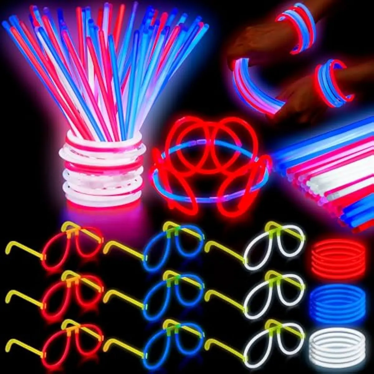 99 PCS July 4th Patriotic Glow Sticks Bracelets Necklaces Glasses, Glow in The Dark Party Supplies, Light Up Party Favors for Kids Adults, Blue White Red LED Accessories for Independence Day