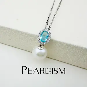 【Adee】PEARLISM Dainty Everyday Edison Pearl Pendant | 9-10mm Silver Aquamarine CZ Hypoallergenic-AFEP030