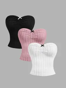 Women's Bow Front Knit Top Set, No Shoulder Strap Design, Perfect for Everyday Wear & Stylish, Ideal Gift Choice