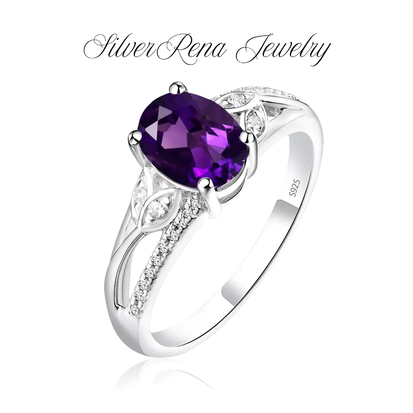 S925 Synthetic Amethyst Ring with Sparkling CZ Accent, Exquisite Purple Lab Grown Diamond Ring, Elegant and Luxurious Women's Jewelry for Girls, Perfect Gift for Lover, Engagement Wedding Ring, for Daily Wear and Party, Mother's D