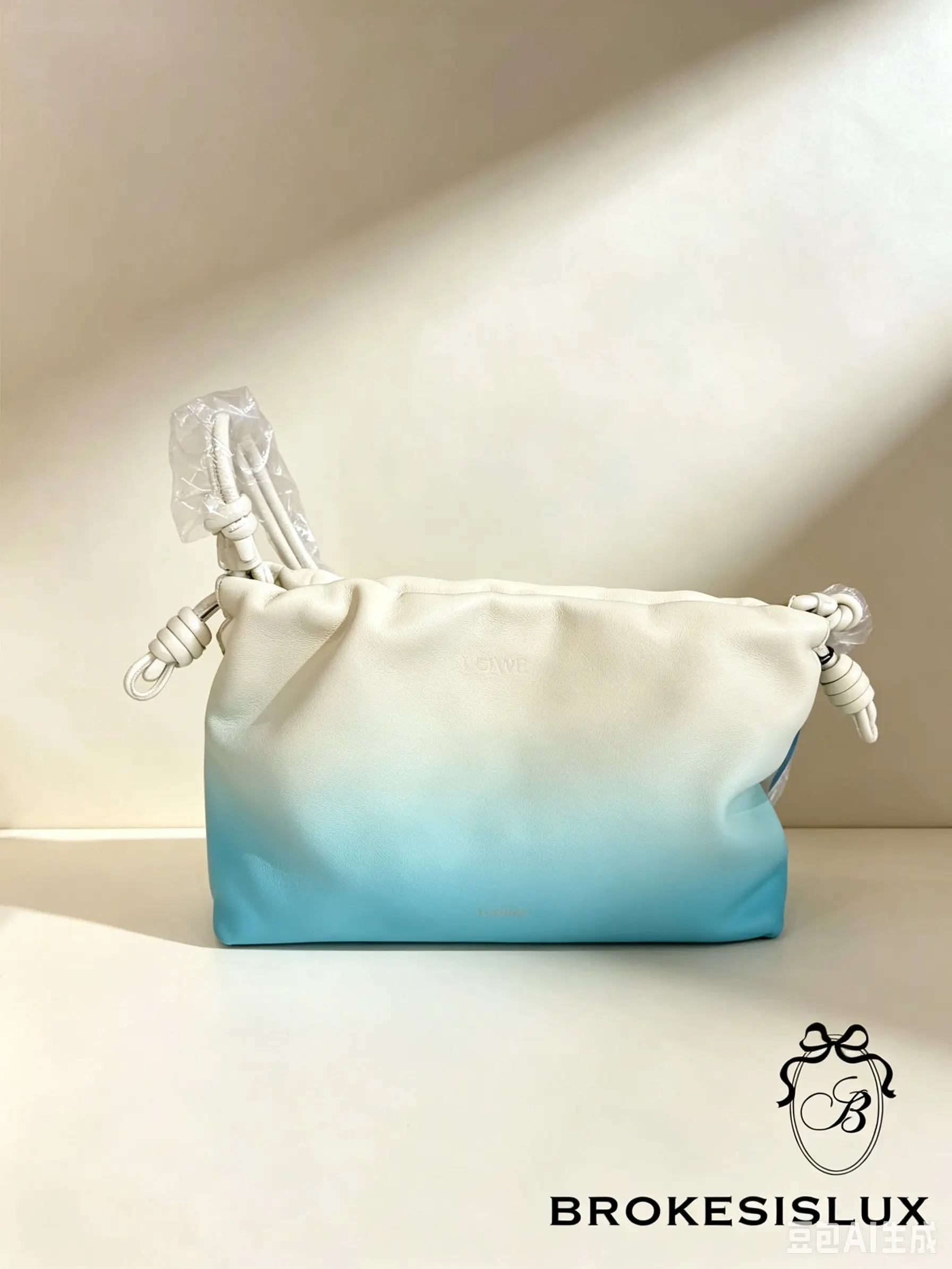 Pre-owned Loewe Flamenco Clutch Pouch, White To Cyan Ombre Nappa Leather, Knotted Drawstring Closure, Embossed Letter Logo