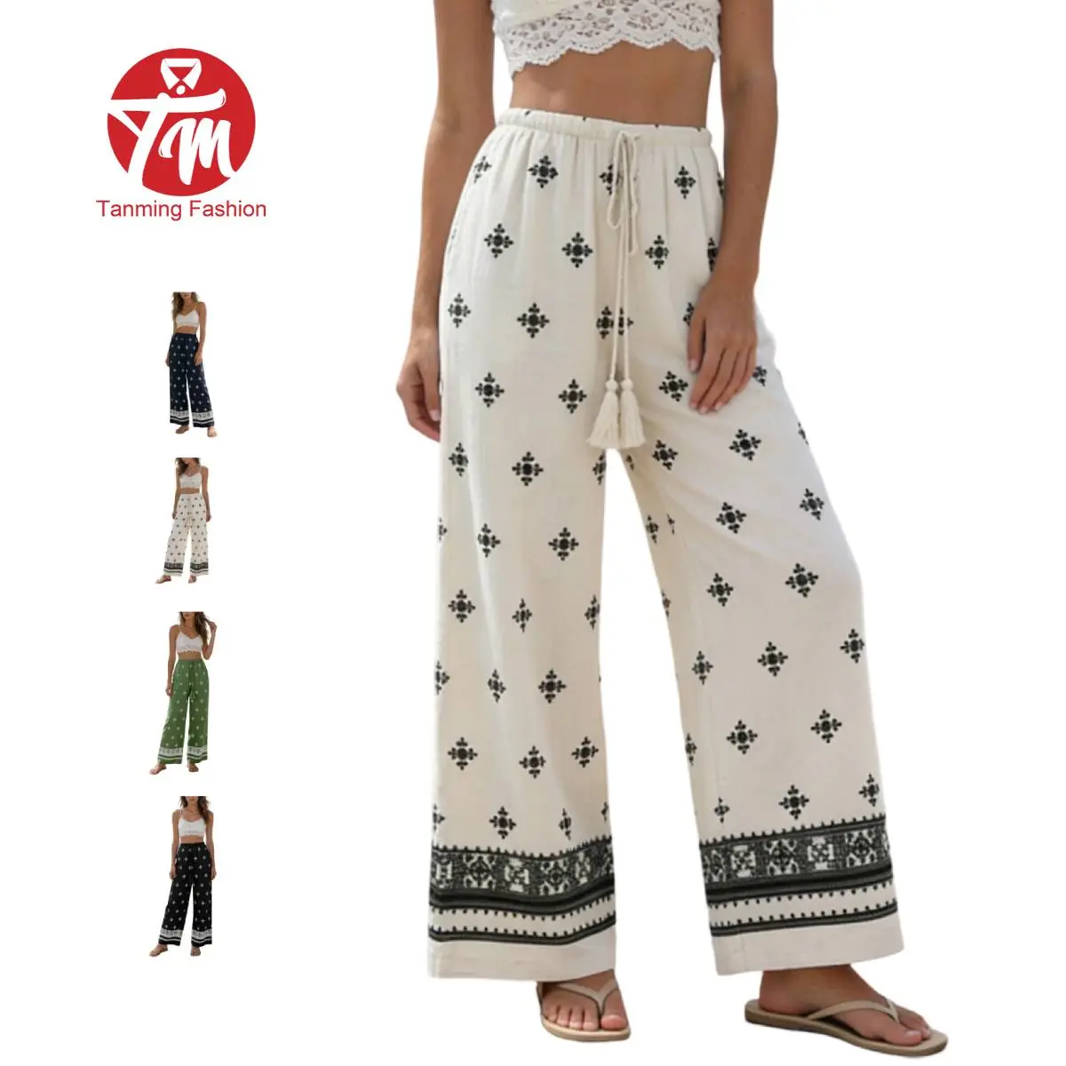 Tanming Women's Bohemian Pants, High-Waist Baggy Loose Bottoms with Geometric Print and Tassels, Lightweight Linen Blend Summer Holiday Clothes, Rayon