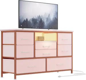Pink Jojoka 8-Drawer LED TV Stand with Power Outlet, Metal Frame, MDF Wood Top, 55-Inch TV Compatible, RGB Lighting with 22 Modes, Console Table for Bedroom, Living Room