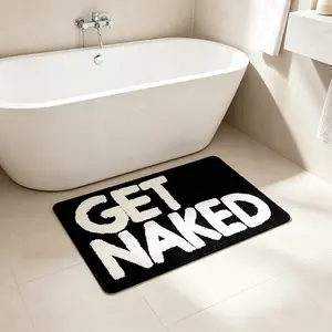 Get Naked Funny Bathroom Rug, Base Letters Non-Slip Mat, Indoor Tufted Carpet, Fluffy Tufted Bathmat, Minimalist Style, 0.32 Square Units