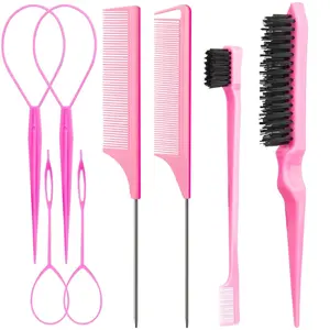 8Pcs Hair Styling Combs Set Include 4Pcs Topsy Hair Tail Tools 2 Styles of Rat Tail Comb,1Pcs Bristle Teasing Slick Back hair Brush,1Pcs Edge Control Brush,Eyebrow Brush for Woman Girl Pink