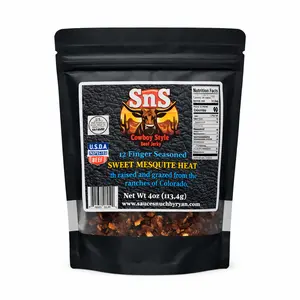 The Boss's fresh beef jerky  12 Finger/mesquite blend Snack, spicy, smokey, mesquite, sweet Dry Dried