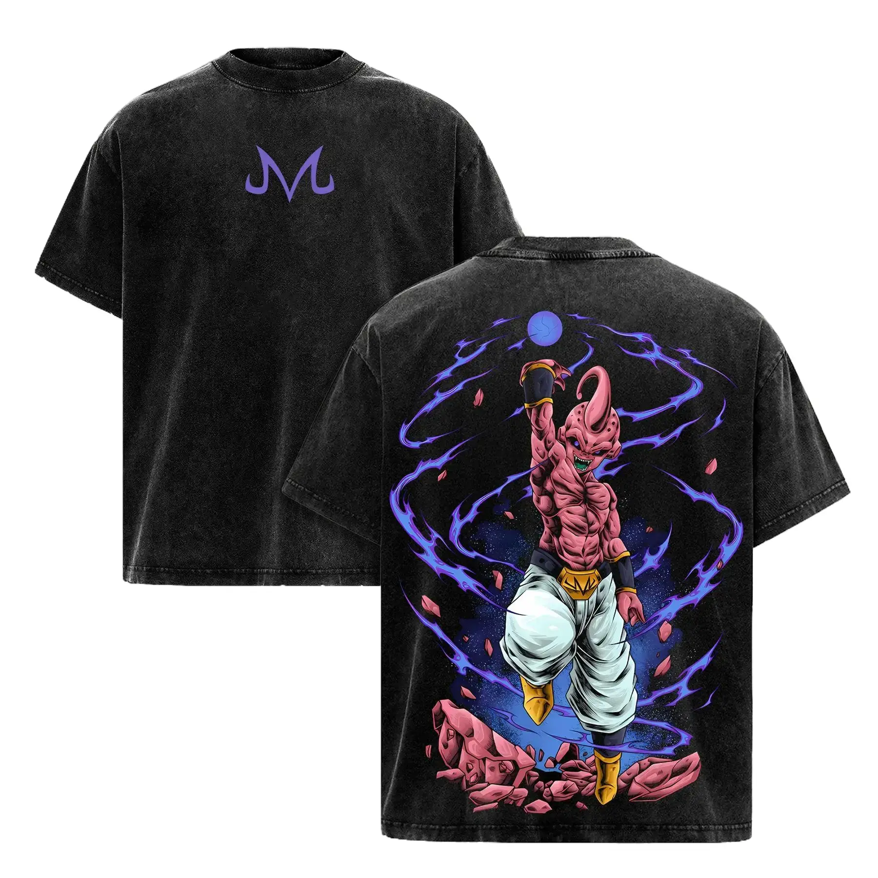 Men's 230g DBZ Majin Buu Vintage Washed Soft Oversized Tee - Heavyweight Cotton Round Neck Short Sleeve Graphic T-Shirt, Casual Retro Anime Streetwear Top, Normal Type, Cold/Machine Washable, 3XL for Anime Fans, 7-Day Return