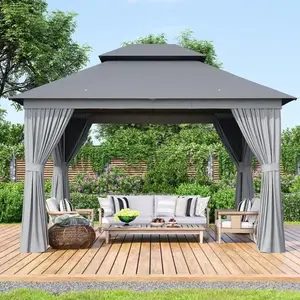Heavy Duty 10'X12' Outdoor Gazebo with Double Roof | All-Weather Steel Pergola Canopy, Includes Mosquito Net & Privacy Screens - Perfect for Patio, Backyard, Garden, Gray