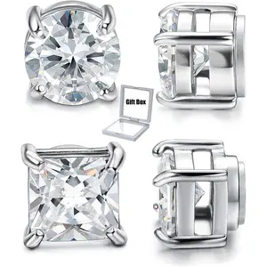 2 Pairs Stainless Steel Stylish Non-Piercing Magnetic Stud Earrings Hypoallergenic CZ Men and Women 5-8MM Sizes