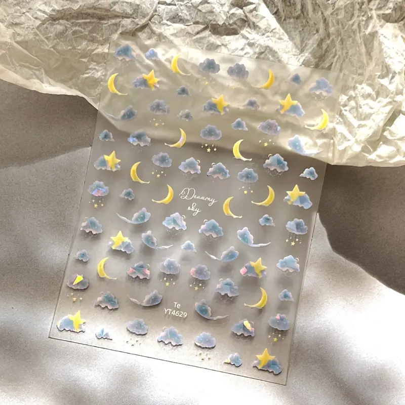Clouds Moon Nail Art Sticker, 1pc Cute Blue Color 5D Embossed Shell Light Self-adhesive Nail Stickers and Decals - Nail Supplies and Nail Charms Nail Tools and Women-Halloween Nails Nail Art Home Salon