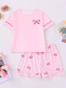 Striped Bow Print Sleepwear Set, Summer Fire Retardant New Girl Toddler Pajamas, Cute Short Sleeve Shorts Home Wear, Sleepwear Outfit