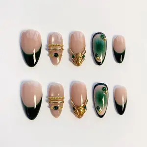 Green Nails/Bangle nails/press on nails long almond nails/Elegant nails/3D Gold Chrome Nails/French Custom Nails/Cat eye nails/Birthday nail ZGSIKV