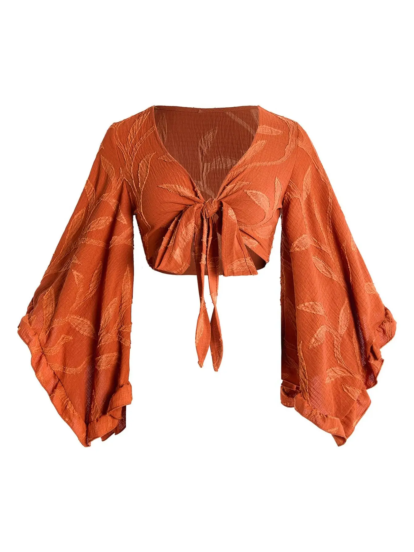 Women's Bohemian Flared Sleeve Tie Front Crop Blouse Shirts, Orange Leaf Textured V-Neck Top For Summer Casual & Party Outfits, Long Sleeve, Womenswear