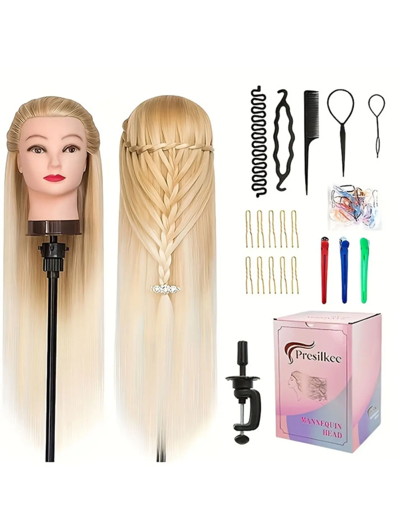 1Pcs 100% Synthetic Hair Styling Mannequin Head with DIY Set, Hairdresser Tools and Table Clamp -Perfect for make-up artists, teenage girls and hairdressers -practising and getting creative Practice Mannequin Head