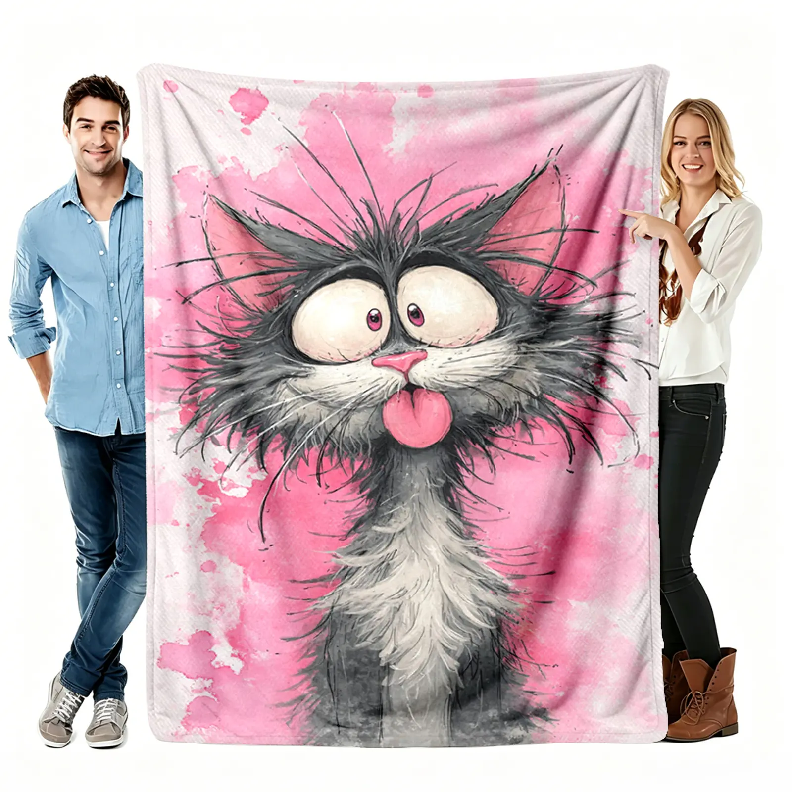 Cartoon Goofy Cat Pink Watercolor Print Flannel Fleece Blanket Soft Warm Throw Blanket Warm Nap Blanket for Home Dorm Travel Camping Cat Lover Gifts cozy lightweight 50"x60"