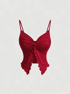 Women's Solid Color Chic Twist Front Ruffle Cami Top, Casual Adjustable Spaghetti Strap Fit Top for Summer, Women's Clothing for Daily Wear
