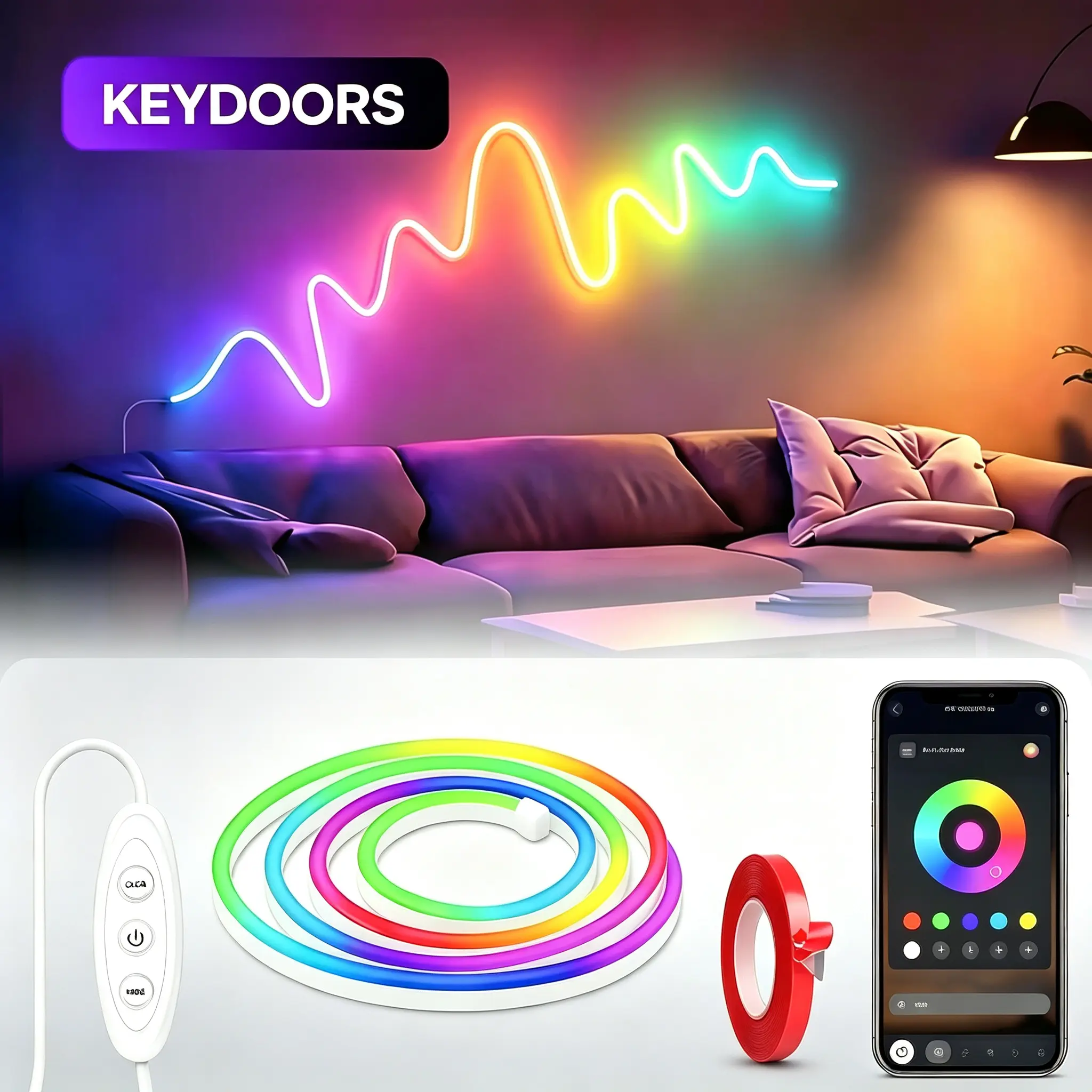 KEYDOORS USB-Powered RGB Silicone Neon Rope Light - Bluetooth App & Button Control, Music Sync, DIY Custom Shape Flexible LED Strip for Game Bedroom Wall Aesthetic Decor