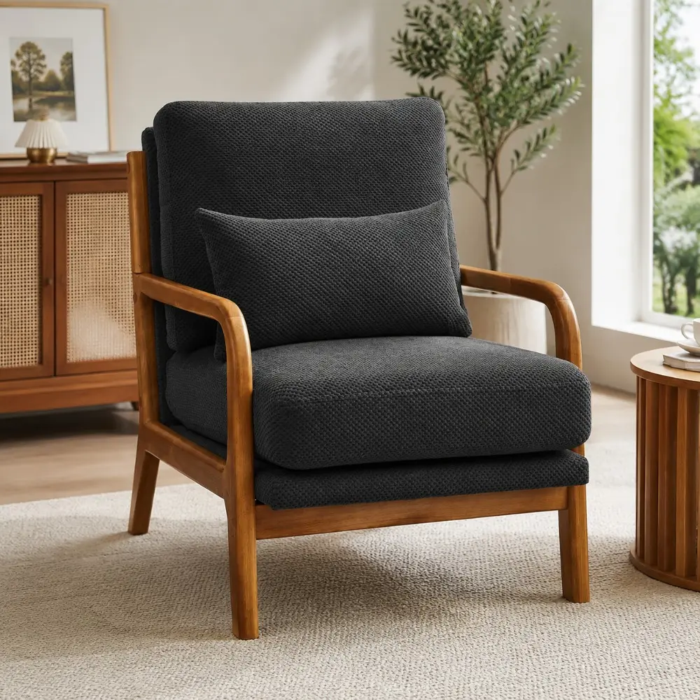 Littleox Wooden Lounge Chair Comfortable Solid Wood Armchair for Living Room Bedroom Balcony Home Office Relaxing Seating Modern Nordic Style Durable Indoor Outdoor Leisure Lounge Armchair