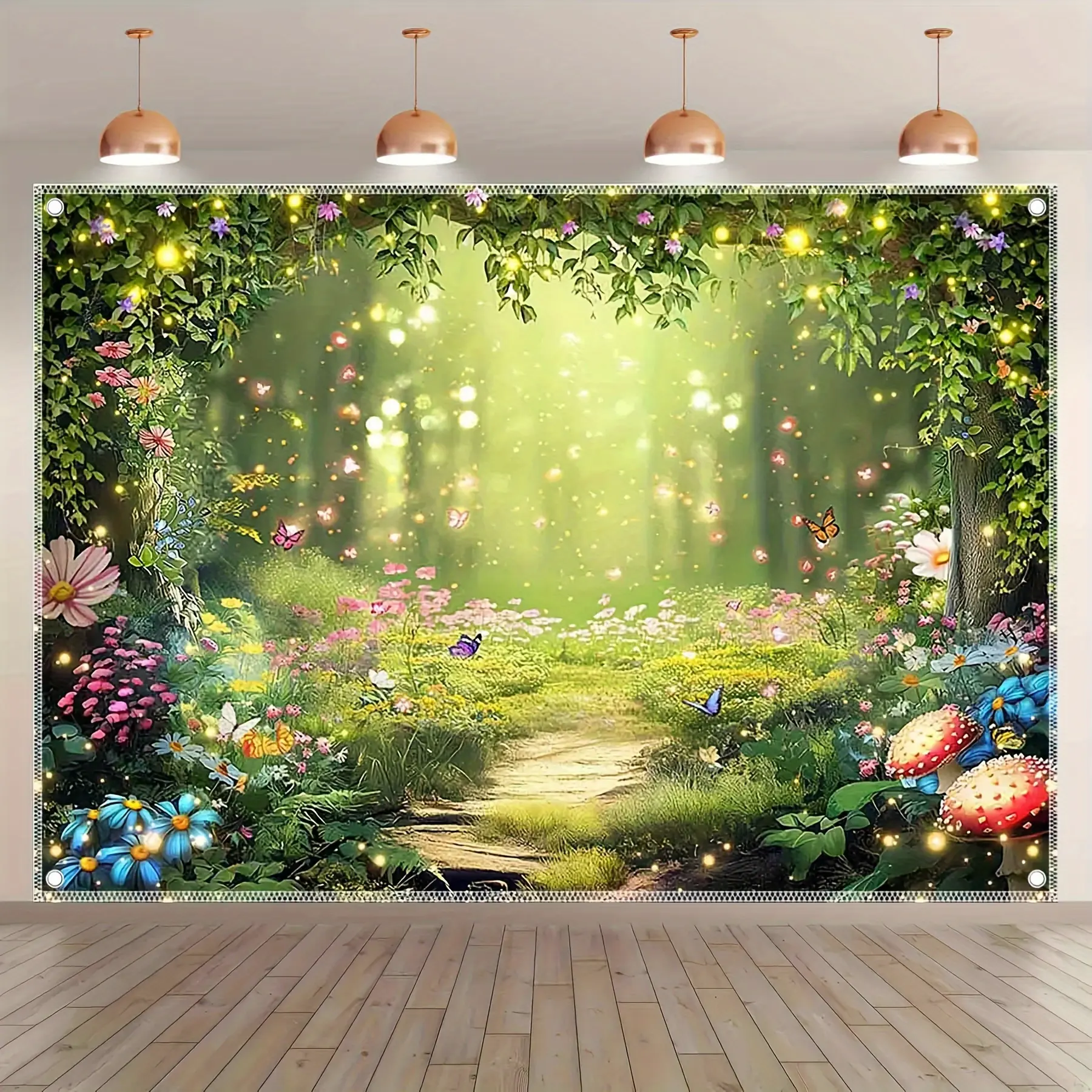 Enchanted Forest Spring Fairy Photography Backdrop Tapestry - Multi-Size Wrinkle-Free Durable Polyester Fabric, Butterfly, Wildflower, Glowing Firefly Design, Birthday Party Decor, Photo Booth Prop