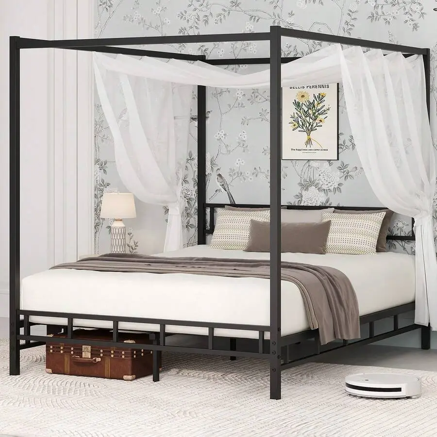 Metal Canopy Bed Frame, Queen Bed Frame With Metal Slats Support,Mattress Foundation, No Box Spring Needed, Easy Assembly, Bedroom Deccor, Christmas Decorations, Bedroom Furniture, Full/ Queen, Black