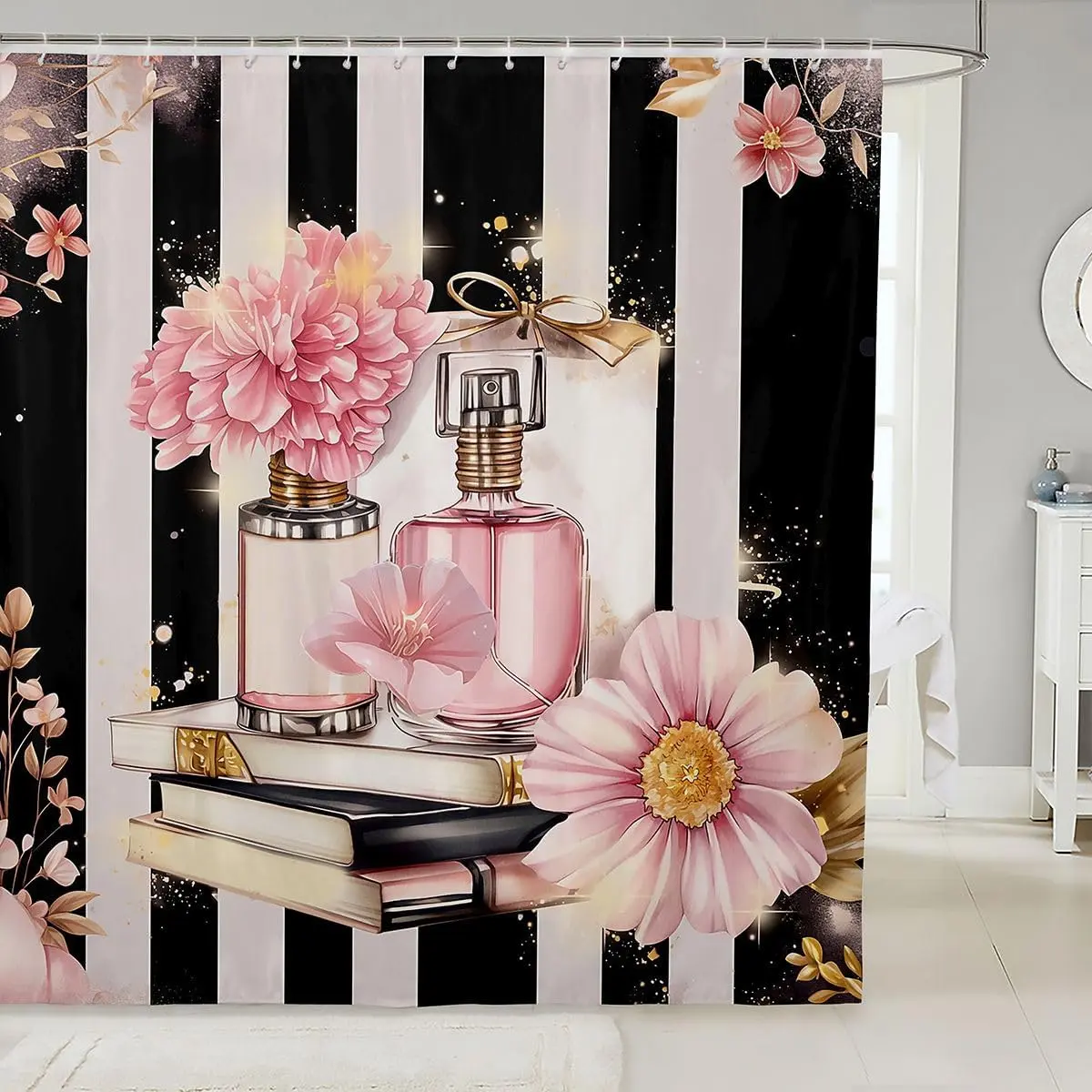 Pink Floral Shower Curtain Modern Fashiony Bath Curtain Romantic Makeup Themed Bathroom Decor Black White Stripe Waterproof Women Perfume Print