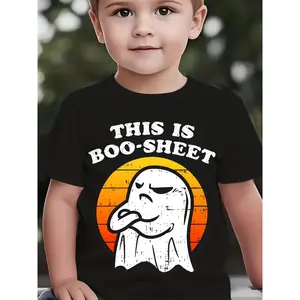 Boys' Halloween Graphic T-Shirt - "This Is Boo-Sheet" Spooky Design with Ghost & Pumpkin Print, Casual Short Sleeve Tee for Summer Outdoor Play, Halloween Shirts for Boys, Playful Graphic Tee, Comfortable Fit Shirt