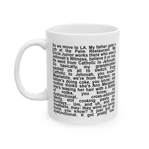 [MADE IN US] Queen of Melrose “My Father Gets a Job at the Palm Restaurant” Mug, Funny Story Paragraph Ceramic Coffee Mug 11oz 15oz, Minimal Black Text Cup, Literary Humor Mug, Unique Gift