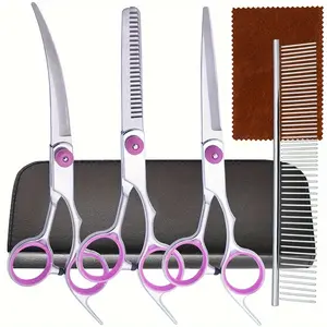 1 Set Professional 5-in-1 Right-Handed Canine Grooming Scissors Kit with Curved Shears, Stainless Steel Comb, Pet Hair Trimming Tools Grooming Supplies for Dogs and Cats