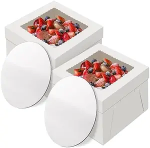 2 Pack Cake Boxes with Cake Boards, 12 Inch Tall Cake Box, Disposable Cake Transport Container, White Cake Carrier Holder for Baked Goods Cookies Dessert Pastry Cupcakes Bakery (12×12×8 Inches)