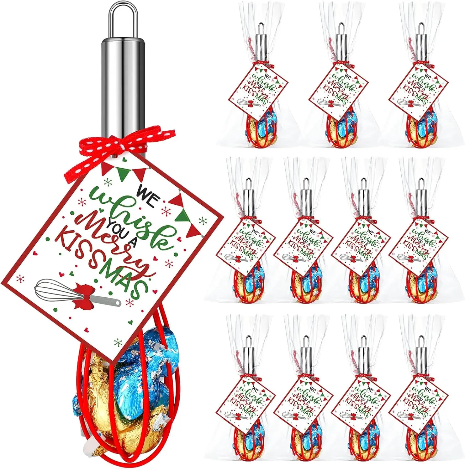 Summerwins 12-Set Christmas Neighbor Festive Gift Bakeware Kits - Home Kitchenware with 8-in Stainless Steel Holed Stirring Whisk, 3.15x2.36in Printed Xmas Symbols Cards, Ribbons, 4.72x9.84in Plastic Bags, Xmas Stocking Stuffers, Baking Supplies