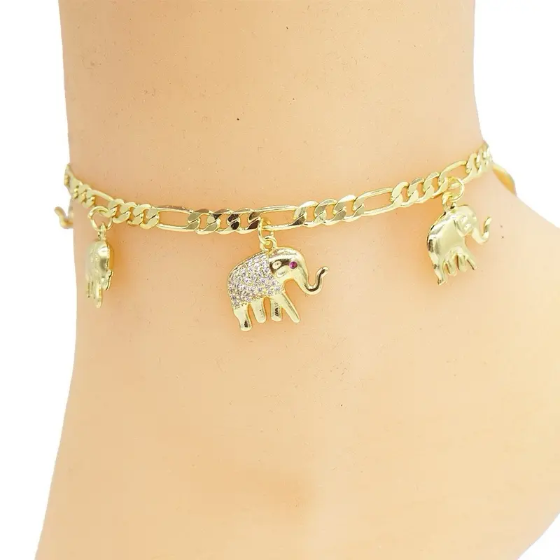 9" 14K Gold Plated Elephant Anklet with Charm Design and Chain Link Style Jewelry Accessory for Women's Footwear Metal Coating
