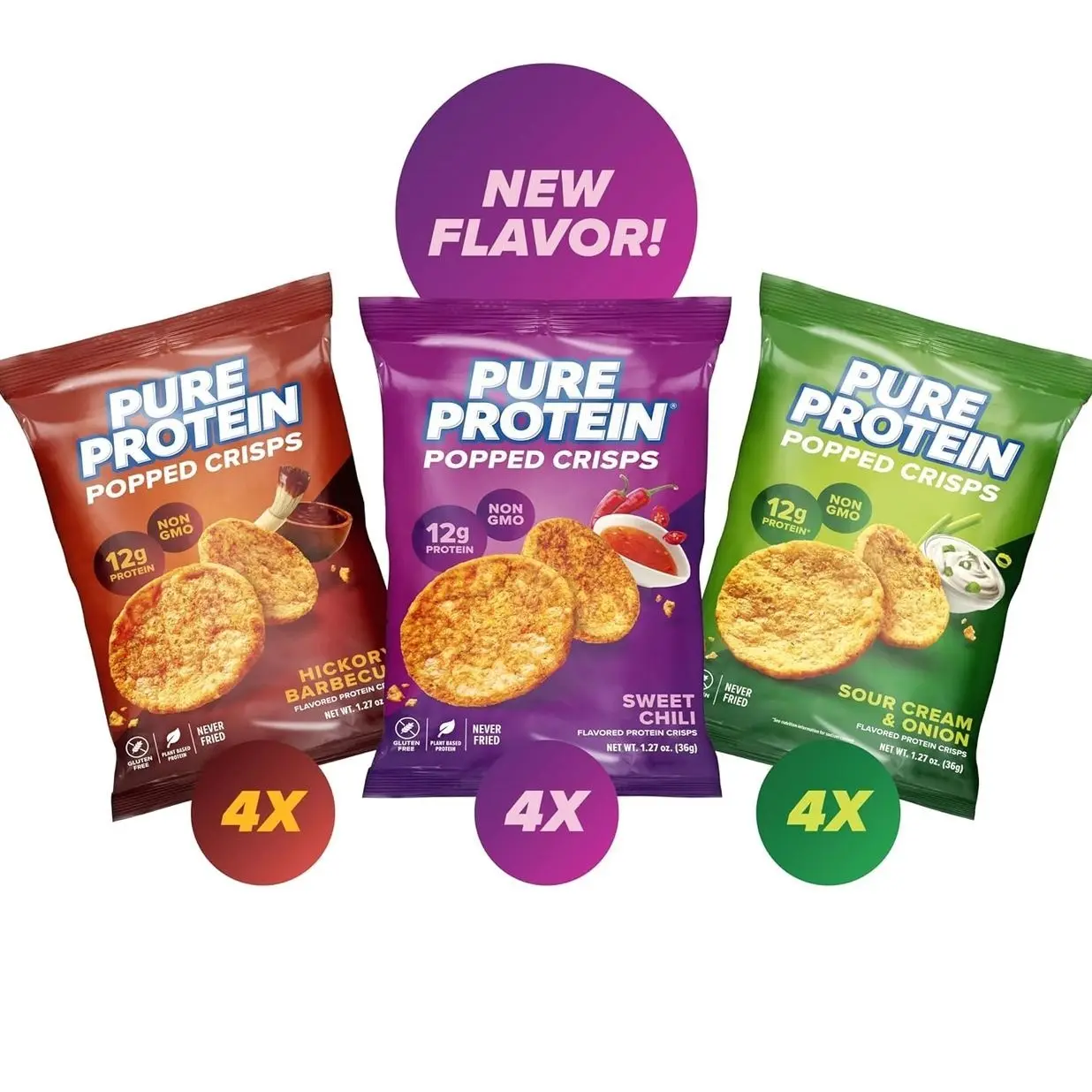 Pure Protein Popped Crisps - Variety Pack: Hickory Barbecue, Sour Cream & Onion, Sweet Chili - 12g Plant Based Protein, Gluten Free, Non GMO, Vegan, Air Popped & Puffed Crisps – Healthy Protein Snacks – 12 Pack