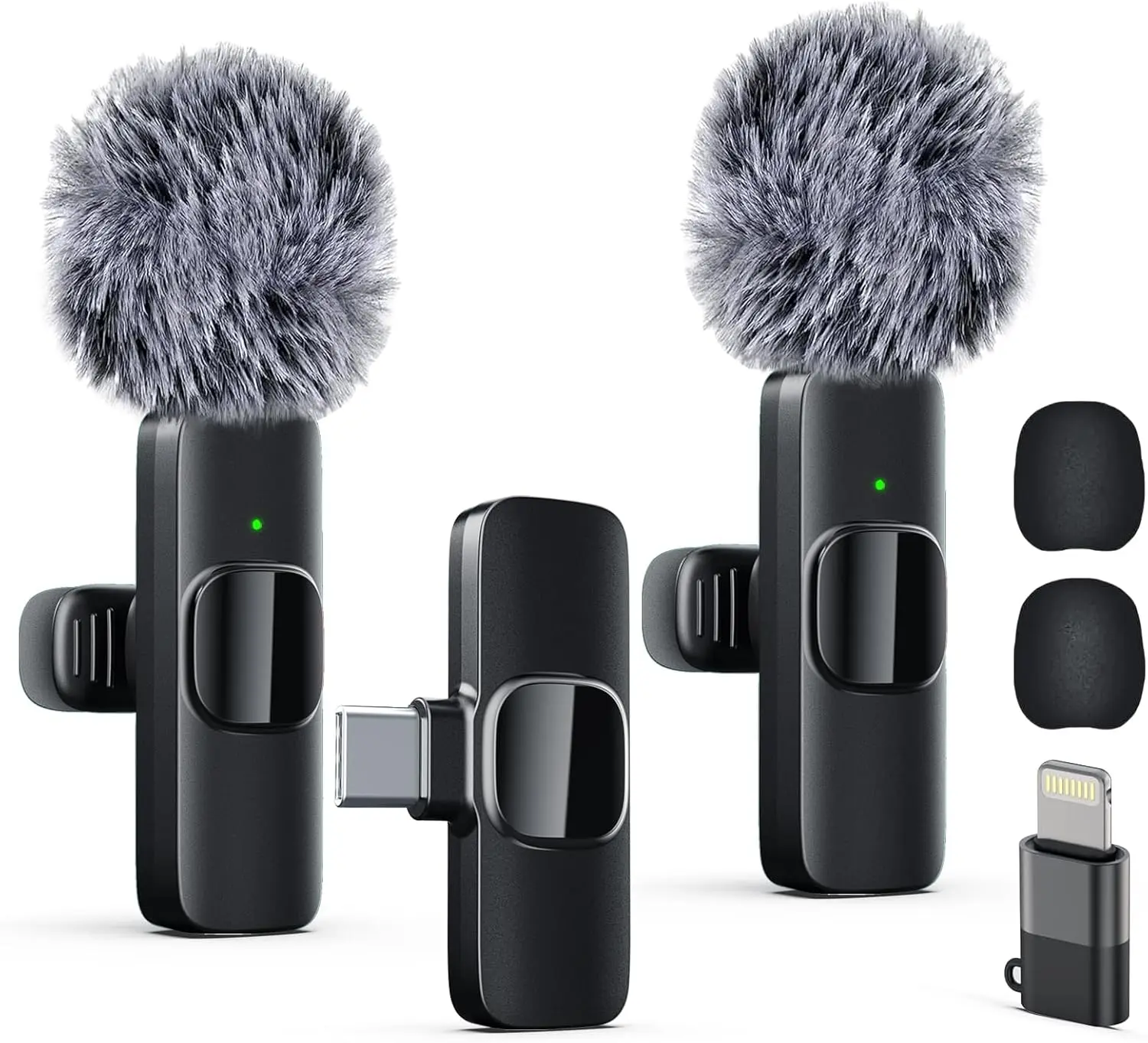 Wireless Lavalier Lapel Clip Microphone - Multi-Device Compatibility for iPhone, iPad, Camera, Android, Rechargeable Lightning/Android Connectors, Plug-N-Play Noise Reduction Plastic Mic, USB Type-C Charging, 6 Hours Battery Life, Podcast Audio Recording
