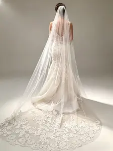 1-Tier Cathedral Bridal Veil, Floral Lace Trim Long Sheer Tulle Lace Drop Veil with Comb, Elegant Bridal Headpiece, Trailing Veil