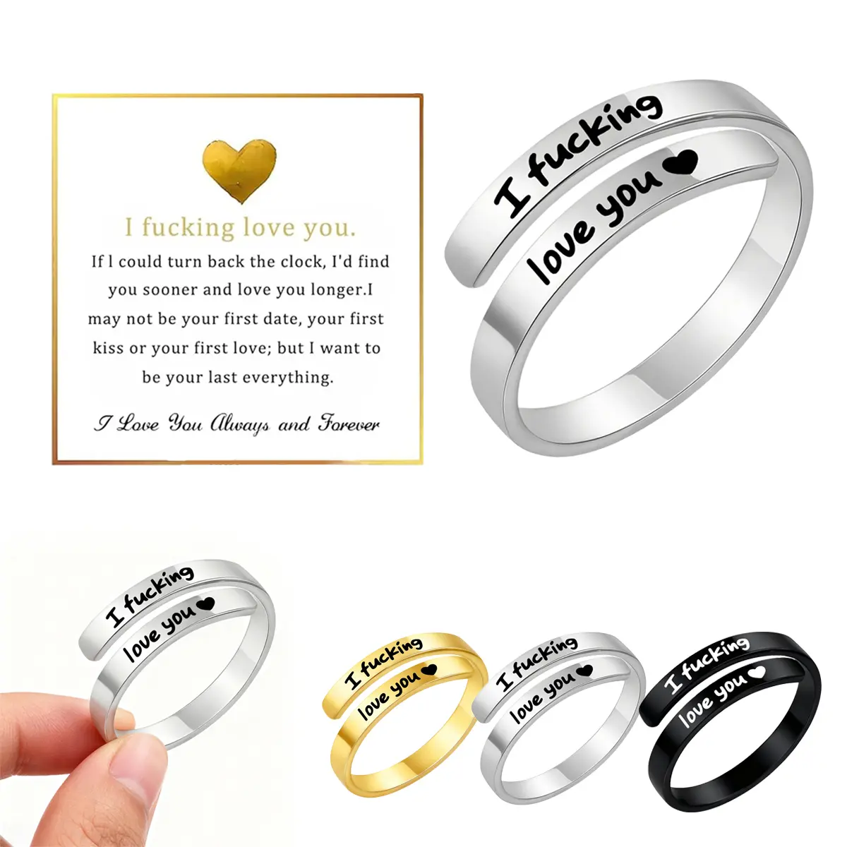 'I Fcking Love You' Engraved Promise Ring, Vintage Stainless Steel Spiral Wrap Band for Women & Men, Adjustable Non-Tarnish Love Gifts for Wife or GF, Promise Rings For Gf, Non-Tarnish Rings