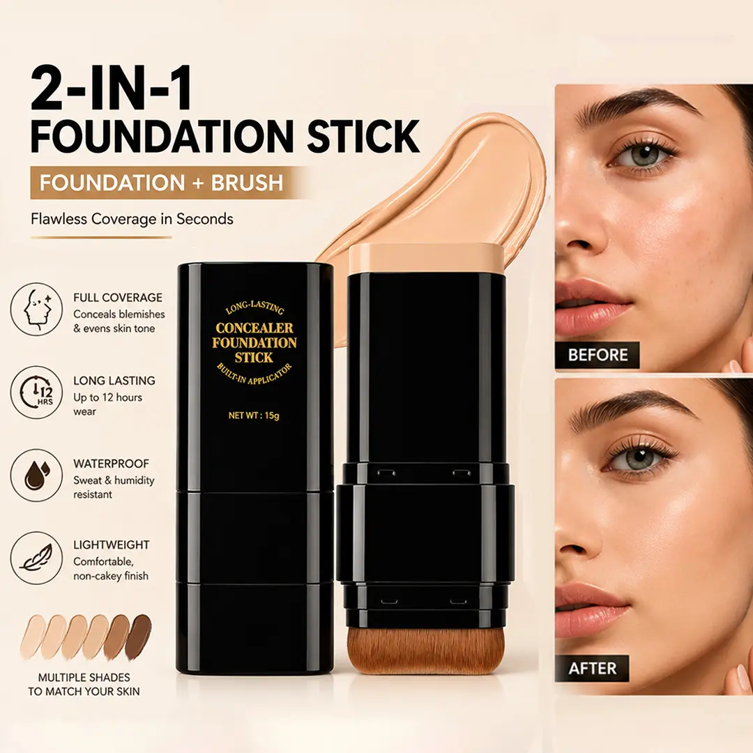 Full Coverage Concealer Foundation Stick with Built-in Brush, Long Lasting Makeup Stick for Face, Waterproof & Lightweight Cream Foundation