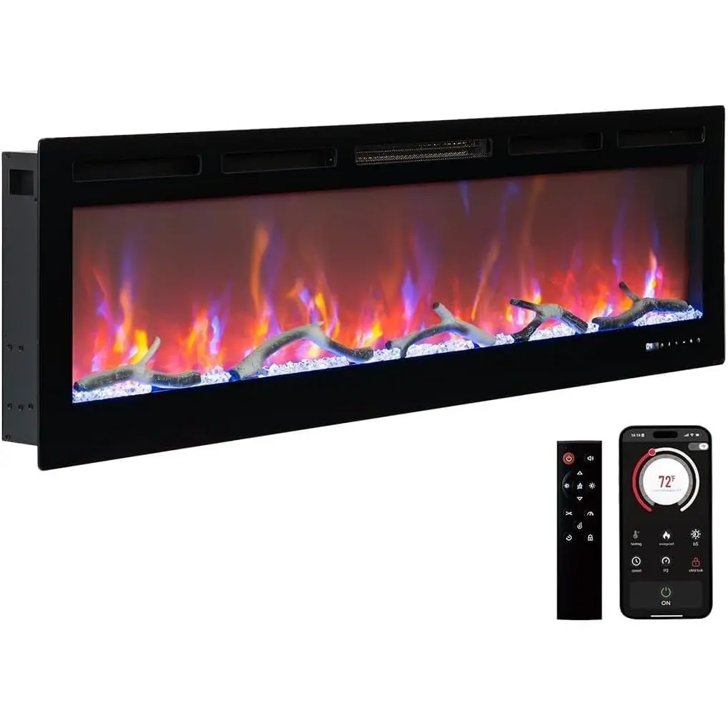 Electric Fireplace, Fireplace Heater Recessed and Wall Mounted, Linear Fireplace with Multicolor Flame, 750/1500W Control by WiFi and Remote, Fireplace Heater with Log and Crystal (90 Inch)