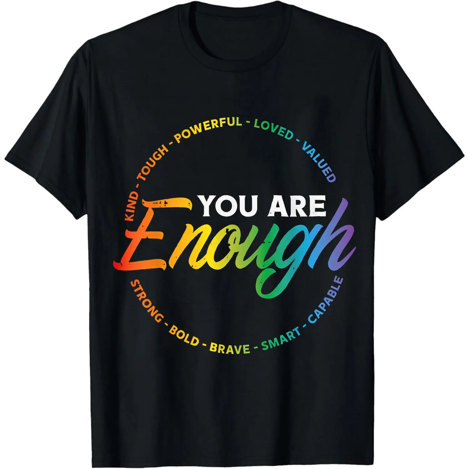 Unisex 100% Cotton "You Are Enough" Rainbow Words Short-Sleeve Tops, Lightweight Breathable Streetwear Sports Top for Men, Matching Sport & Outdoor Clothing